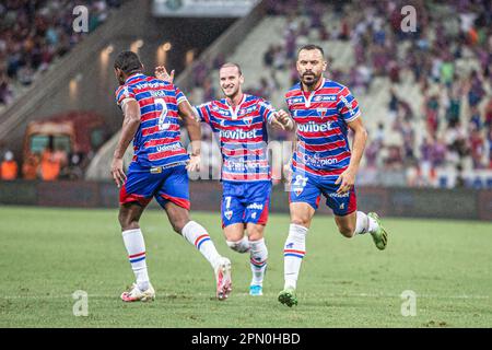 Fortaleza, Brazil. 15th Apr, 2023. CE - FORTALEZA - 04/15/2023 - BRASILEIRO A 2023, FORTALEZA X INTERNACIONAL - Moises player of Fortaleza celebrates his goal during a match against Internacional at Arena Castelao stadium for the BRAZILEIRO A 2023 championship. Photo: Lucas Emanuel/AGIF/Sipa USA Credit: Sipa USA/Alamy Live News Stock Photo