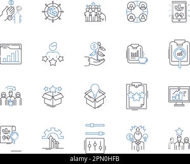 Business evaluation outline icons collection. Business, Evaluation, Rating, Analysis, Assess, Measure, Investigate vector and illustration concept set Stock Vector