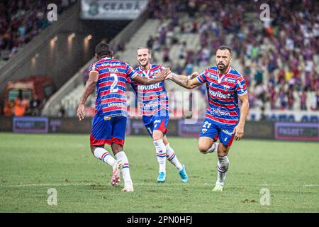 Fortaleza, Brazil. 15th Apr, 2023. CE - FORTALEZA - 04/15/2023 - BRASILEIRO A 2023, FORTALEZA X INTERNACIONAL - Moises player of Fortaleza celebrates his goal during a match against Internacional at Arena Castelao stadium for the BRAZILEIRO A 2023 championship. Photo: Lucas Emanuel/AGIF/Sipa USA Credit: Sipa USA/Alamy Live News Stock Photo