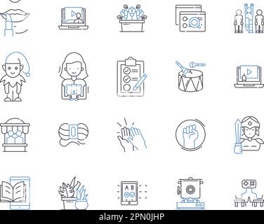 Hobbies and holidays outline icons collection. Sports, Traveling, Fishing, Crafting, Cooking, Reading, Stargazing vector and illustration concept set Stock Vector