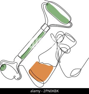 Continuous drawing of one line of scrubbing and body skin care with natural herbal skin care products, top view of ingredients. Vector illustration Stock Vector