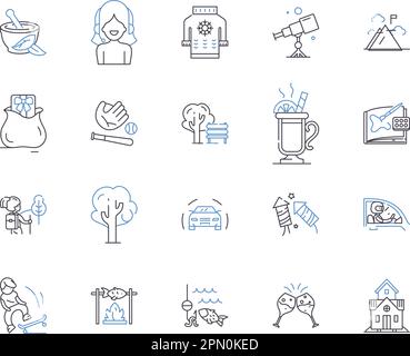 Free time and trips outline icons collection. Leisure, Vacation, Freedom, Holidays, Excursion, Outings, Playtime vector and illustration concept set Stock Vector