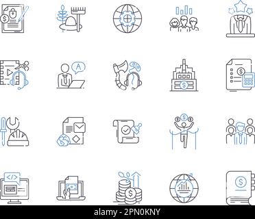 Business and professions outline icons collection. Management, Entrepreneur, Lawyer, Accountant, Engineer, Consultant, Analyst vector and illustration Stock Vector