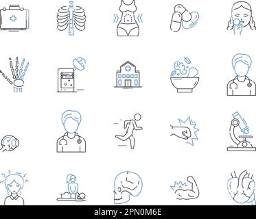 Health check up outline icons collection. Examination, Diagnosis, Reviews, Tests, Scans, Ultrasounds, Screening vector and illustration concept set Stock Vector