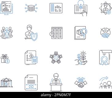 Bank and financial strategy outline icons collection. Banking, Finance, Strategy, Planning, Investing, Risk, Asset vector and illustration concept set Stock Vector