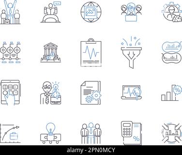 Market analysis outline icons collection. Market, Analysis, Research, Study, Trends, Strategy, Data vector and illustration concept set. Competition Stock Vector