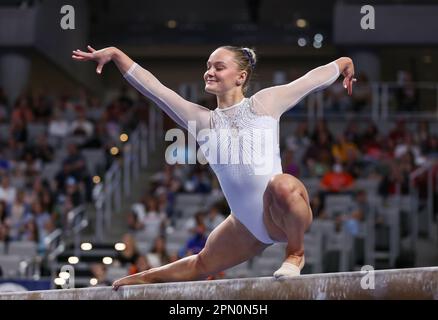 Fort Worth, TX, USA. 15th Apr, 2023. Florida's Riley McCusker competes on the balance beam during the finals of the 2023 NCAA National Collegiate Women's Gymnastics Championships at Dickies Arena in Fort Worth, TX. Kyle Okita/CSM(Credit Image: © Kyle Okita/Cal Sport Media). Credit: csm/Alamy Live News Stock Photo