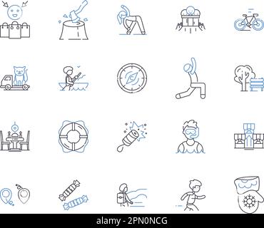 Free time and trips outline icons collection. Leisure, Vacation, Freedom, Holidays, Excursion, Outings, Playtime vector and illustration concept set Stock Vector