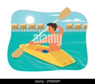 Man Enjoying with Rowing Kayak in the Sea Stock Vector