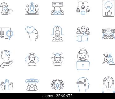 Coaching programs outline icons collection. Training, Teaching, Tutoring, Mentoring, Seminars, Courses, Programs vector and illustration concept set Stock Vector