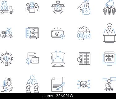 International finance outline icons collection. Finance, International, Global, Trading, Investing, Payments, Banking vector and illustration concept Stock Vector