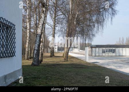 view after entering the Dachau camp with a reconstructed barracks on the right and a guard tower in this distance and location of the former barracks Stock Photo