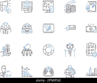 Bank and financial strategy outline icons collection. Banking, Finance, Strategy, Planning, Investing, Risk, Asset vector and illustration concept set Stock Vector