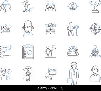 Management work outline icons collection. Management, Work, Control, Plan, Organize, Lead, Supervise vector and illustration concept set. Coordinate Stock Vector