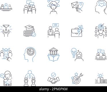 Coaching programs outline icons collection. Training, Teaching, Tutoring, Mentoring, Seminars, Courses, Programs vector and illustration concept set Stock Vector