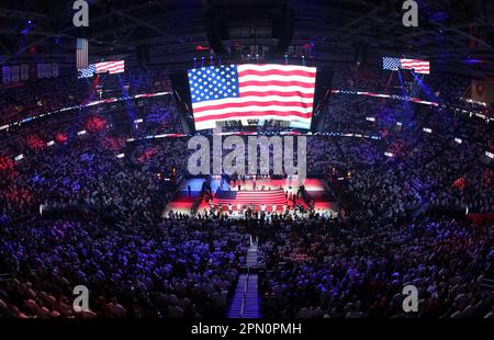 Cleveland, USA. 15th Apr, 2023. The National Anthem is performed prior to the start of Game one of the Cleveland Cavaliers and New York Knicks first round playoff series at Rocket Mortgage FieldHouse in Cleveland, Ohio on Saturday, April 15, 2023. Photo by Aaron Josefczyk/UPI Credit: UPI/Alamy Live News Stock Photo