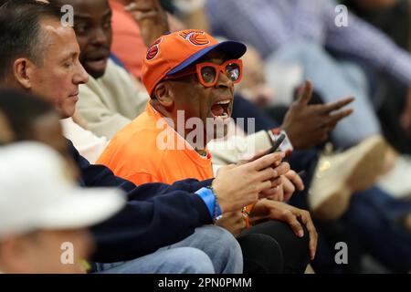 Cleveland, USA. 15th Apr, 2023. Director and New York Knicks fan, Spike Lee reacts to a play against the Cleveland Cavaliers in the first half at Rocket Mortgage FieldHouse in Cleveland, Ohio on Saturday, April 15, 2023. Photo by Aaron Josefczyk/UPI Credit: UPI/Alamy Live News Stock Photo