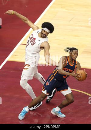 Cleveland, USA. 15th Apr, 2023. Cleveland Cavaliers Jarrett Allen (31) fouls New York Knicks RJ Barrett (9) in the first half at Rocket Mortgage FieldHouse in Cleveland, Ohio on Saturday, April 15, 2023. Photo by Aaron Josefczyk/UPI Credit: UPI/Alamy Live News Stock Photo