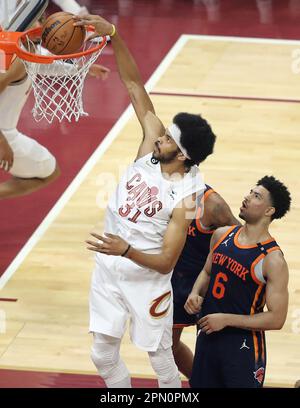 Cleveland, USA. 15th Apr, 2023. Cleveland Cavaliers Jarrett Allen (31) dunks past New York Knicks Quentin Grimes (6) in the first half at Rocket Mortgage FieldHouse in Cleveland, Ohio on Saturday, April 15, 2023. Photo by Aaron Josefczyk/UPI Credit: UPI/Alamy Live News Stock Photo