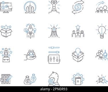 Work efficiency outline icons collection. Productivity, Effectiveness, Proficiency, Quickness, Speed, Dynamism, Skillfulness vector and illustration Stock Vector