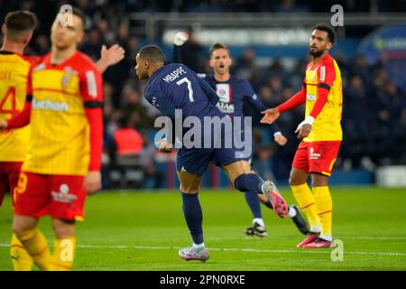 Paris, France. 15th Apr, 2023. Paris Saint Germain's Kylian Mbappe (C) celebrates after scoring during a French Ligue 1 football match between Paris Saint Germain (PSG) and RC Lens in Paris, France, April 15, 2023. Credit: Glenn Gervot/Xinhua/Alamy Live News Stock Photo