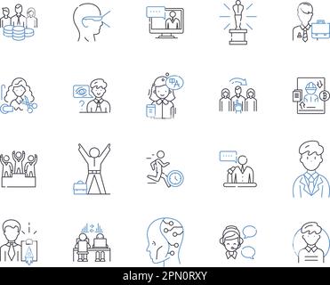 Management work outline icons collection. Management, Work, Control, Plan, Organize, Lead, Supervise vector and illustration concept set. Coordinate Stock Vector
