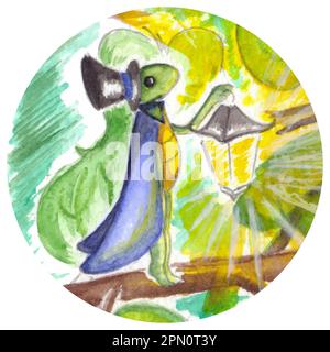 Watercolor little magic cricket with lantern vector circle isolated. Stock Vector