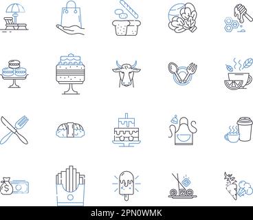 Cafe and bakery outline icons collection. Cafe, Bakery, Coffee, Tea, Cake, Dessert, Pastry vector and illustration concept set. Muffin, Croissant Stock Vector