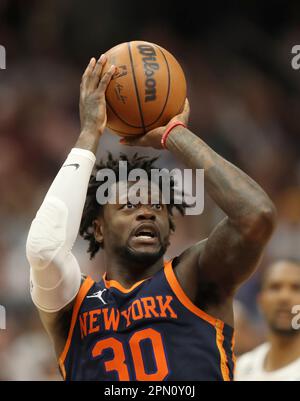 Cleveland, USA. 15th Apr, 2023. New York Knicks Julius Randle (30) shoots against the Cleveland Cavaliers in the second half at Rocket Mortgage FieldHouse in Cleveland, Ohio on Saturday, April 15, 2023. Photo by Aaron Josefczyk/UPI Credit: UPI/Alamy Live News Stock Photo