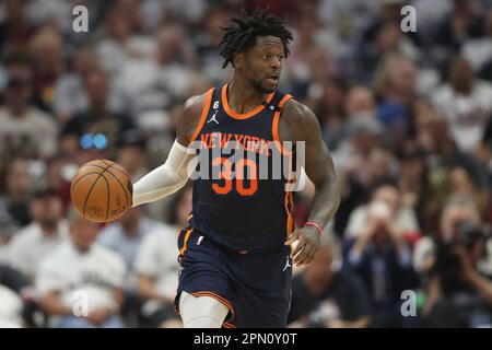 Cleveland, USA. 15th Apr, 2023. New York Knicks Julius Randle (30) brings the ball up the court against the Cleveland Cavaliers in the first half at Rocket Mortgage FieldHouse in Cleveland, Ohio on Saturday, April 15, 2023. Photo by Aaron Josefczyk/UPI Credit: UPI/Alamy Live News Stock Photo