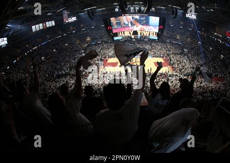 Cleveland, USA. 15th Apr, 2023. Fans cheer prior to the start of Game one of the Cleveland Cavaliers and New York Knicks first round playoff series at Rocket Mortgage FieldHouse in Cleveland, Ohio on Saturday, April 15, 2023. Photo by Aaron Josefczyk/UPI Credit: UPI/Alamy Live News Stock Photo