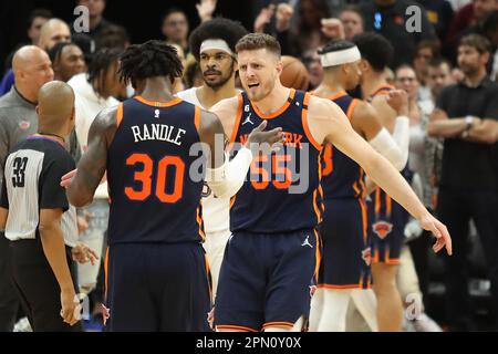 Cleveland, USA. 15th Apr, 2023. New York Knicks Julius Randle (30) celebrates with Isaiah Hartenstein (55) after defeating the Cleveland Cavaliers at Rocket Mortgage FieldHouse in Cleveland, Ohio on Saturday, April 15, 2023. Photo by Aaron Josefczyk/UPI Credit: UPI/Alamy Live News Stock Photo
