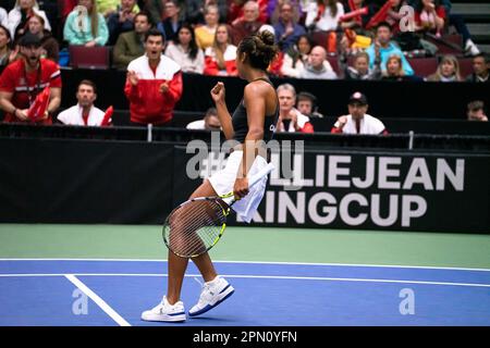 Vancouver, Canada. 15th Apr, 2023. Vancouver, British Columbia, Canada, April 15th 2023: Leylah Fernandez (Canada) celebrates during the 2023 Billie Jean King Cup Qualifiers match between Canada and Belgium at Pacific Coliseum in Vancouver, BC, Canada (EDITORIAL USAGE ONLY). (Amy Elle/SPP) Credit: SPP Sport Press Photo. /Alamy Live News Stock Photo