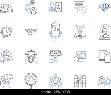 Coaching programs outline icons collection. Training, Teaching, Tutoring, Mentoring, Seminars, Courses, Programs vector and illustration concept set Stock Vector