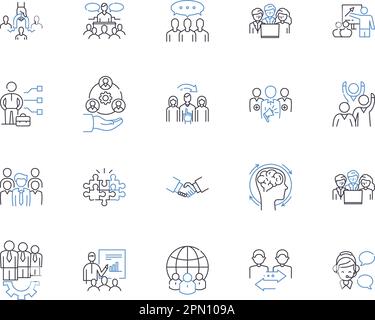 Teambuilding basics outline icons collection. Teamwork, communication, collaboration, trust, respect, leadership, negotiation vector and illustration Stock Vector