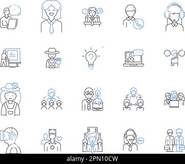 Management work outline icons collection. Management, Work, Control, Plan, Organize, Lead, Supervise vector and illustration concept set. Coordinate Stock Vector
