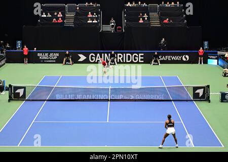 Vancouver, Canada. 15th Apr, 2023. Ysaline Bonaventure (BEL) playing against Leylah Fernandez (CAN) during the third match at the Billie Jean King Cup at the Pacific Coliseum in Vancouver, British Columbia on April 14, 2023, 2023. (Photo by Anne-Marie Sorvin/Sipa USA) Credit: Sipa USA/Alamy Live News Stock Photo