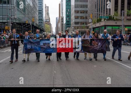 NEW YORK, NEW YORK - APRIL 15: Participants march at the 25th Annual Tartan Day Parade in Manhattan on April 15, 2023 in New York City. Stock Photo