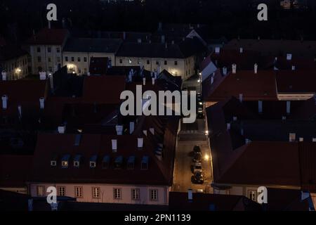Picture of traditional roofs of buildings, used for residential purposes, typical from the central European architecture, taken in the district of Pet Stock Photo