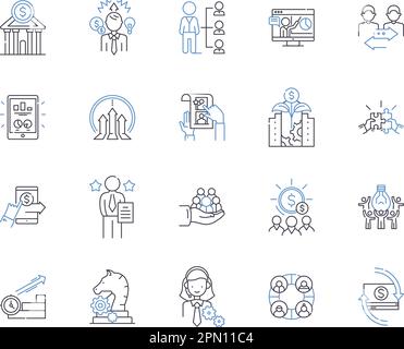 Work effectiveness outline icons collection. Efficiency, Productivity, Accuracy, Quality, Output, Proficiency, Competency vector and illustration Stock Vector