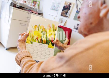 Kirchheim Unter Teck, Germany. 31st Mar, 2023. Charlotte Kretschmann looks at a calendar in a retirement home. At 113, she is the oldest woman in Baden-Württemberg. She spends her everyday life not only with her grandchildren and distant relatives, but also shares it with the world via social media. With her almost 5,000 followers, the 113-year-old shares snapshots from her life every now and then, whether it's shopping, Christmas or a trip. Credit: Julian Rettig/dpa/Alamy Live News Stock Photo