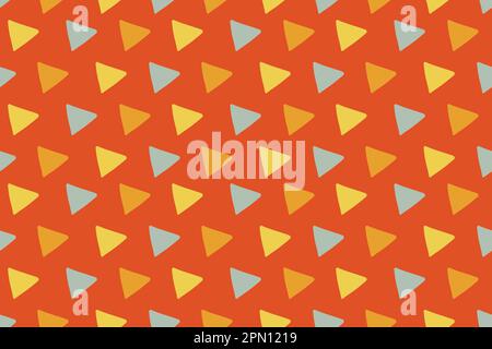 Memphis style triangle seamless pattern. Geometric fabric background. Which consist of colorful triangles on orange background. Minimalistic avant-garde collage style. Stock Vector