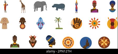 Set African stickers traditional hut with straw roof, baobab shield with spear, tribal mask, drum in cartoon style isolated on white background. Safari tribal collection, rural desert building Stock Vector