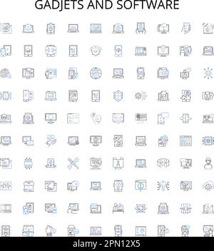 Gadjets and software outline icons collection. Gadgets, Software, Electronics, Technology, Computers, Phones, Tablets vector illustration set. Cameras Stock Vector