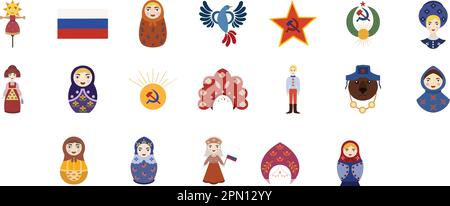 Traditional russian icon set. Hand drawn vector illustration set in flat style about russian culture and folk. Ready to use for festival greeting. Religious and culturals doodles. Vector illustration Stock Vector