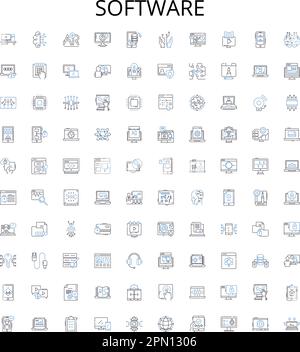 Software outline icons collection. Software, Program, Application, Programing, Code, Software-Development, Operating-System vector illustration set Stock Vector