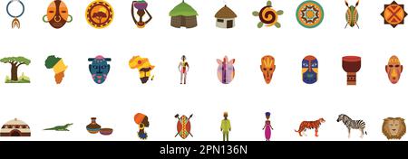 Set African stickers traditional hut with straw roof, baobab shield with spear, tribal mask, drum in cartoon style isolated on white background. Safari tribal collection, rural desert building Stock Vector