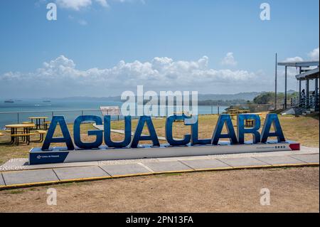 Colon, Panama - April 2, 2023: Views of a container ship at the Agua Clara Locks on the Panama canal. Stock Photo