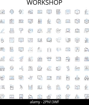 Workshop outline icons collection. Workshop, Training, Seminar, Education, Conference, Skill, Class vector illustration set. Craft, Symposium Stock Vector