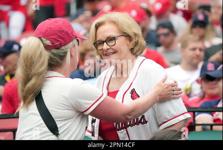 St. Louis, United States. 15th Apr, 2023. Former Missouri U.S. Senator Claire McCaskill says hello to fans as she arrives for the Pittsburgh Pirates-St. Louis Cardinals baseball game at Busch Stadium in St. Louis on Saturday, April 15, 2023. Photo by Bill Greenblatt/UPI Credit: UPI/Alamy Live News Stock Photo